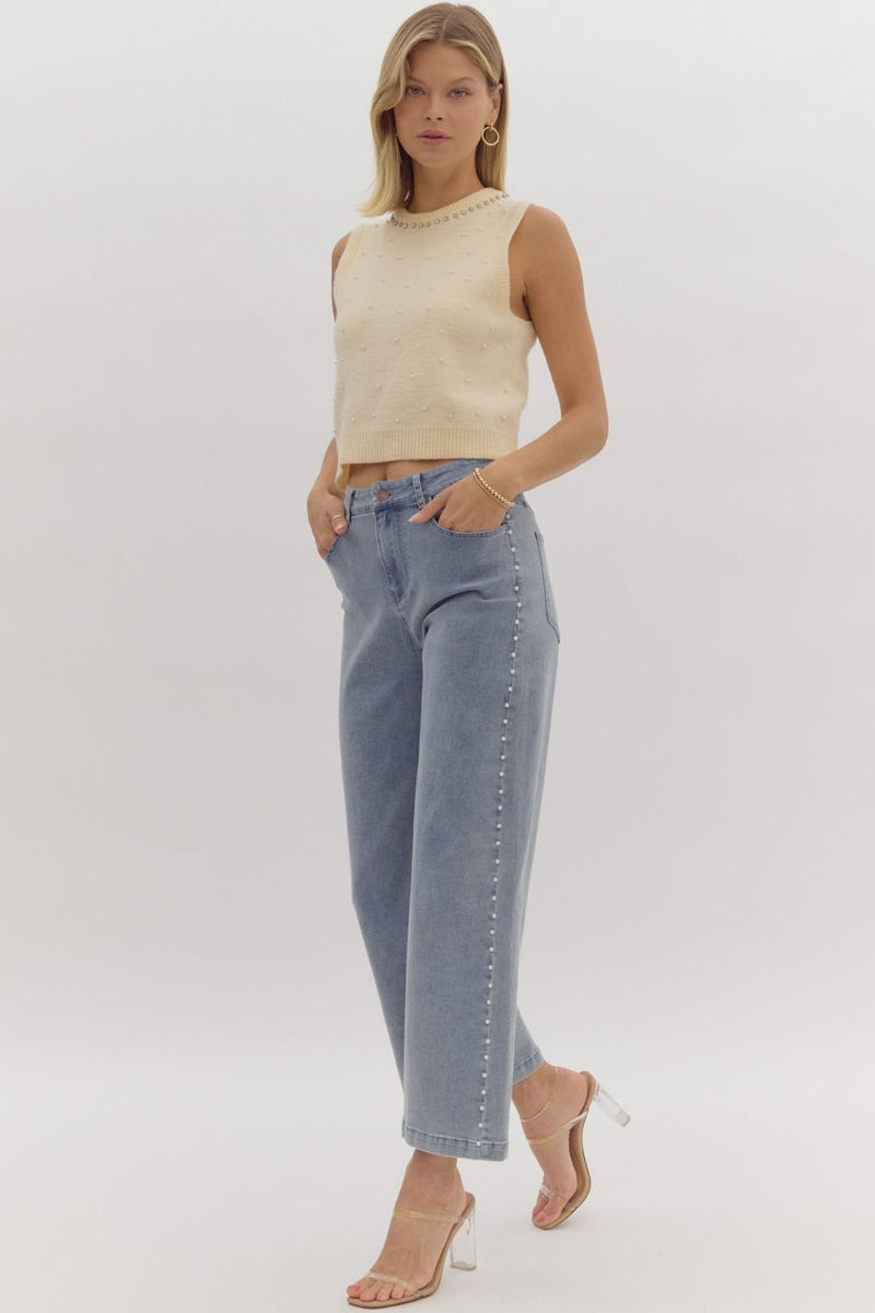 Entro Light blue washed wide leg denim pants with embellished pearl trim