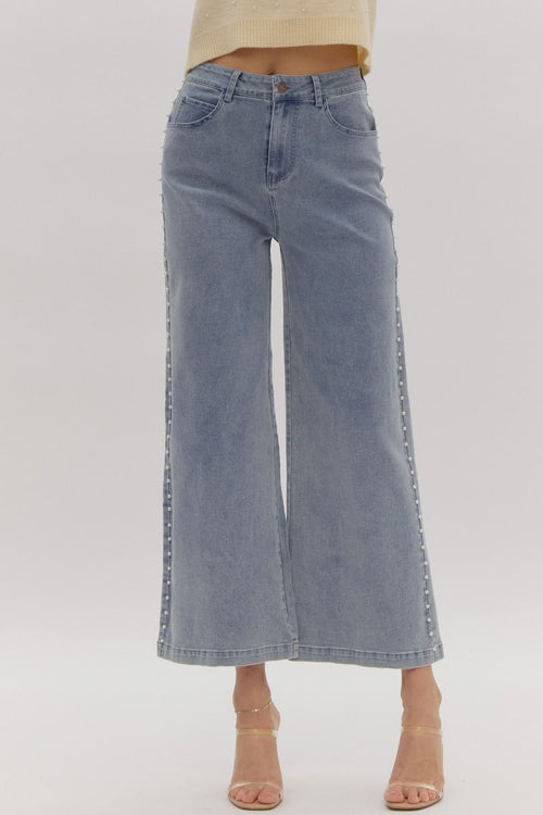 Entro Light blue washed wide leg denim pants with embellished pearl trim