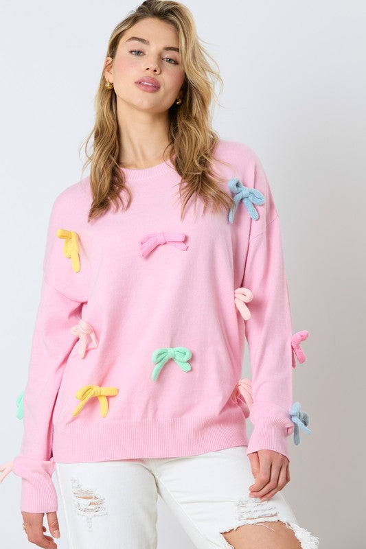 Fantastic Fawn Pink sweater with multicolor 3D bow ties