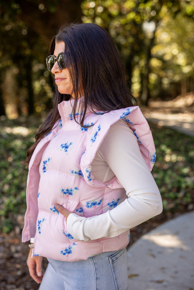 pink blue floral quilted puffer vest