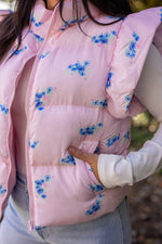 pink blue floral quilted puffer vest