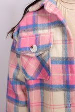 pink blue plaid fleece shacket