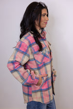 pink blue plaid fleece shacket