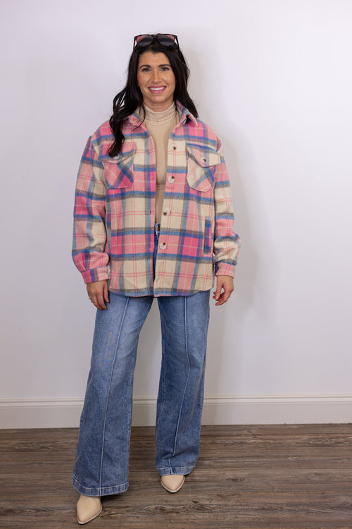 pink blue plaid fleece shacket