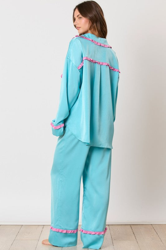 Peach Love California Blue and pink satin pajama pants and top set with bow ties and ruffle details