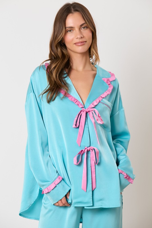 Peach Love California Blue and pink satin pajama pants and top set with bow ties and ruffle details