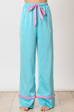 Peach Love California Blue and pink satin pajama pants and top set with bow ties and ruffle details