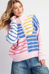 Easel Pink multicolor striped colorblock sweater with zip front bodice