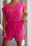 pink elastic waist modest length shorts