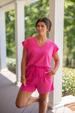 pink elastic waist modest length shorts