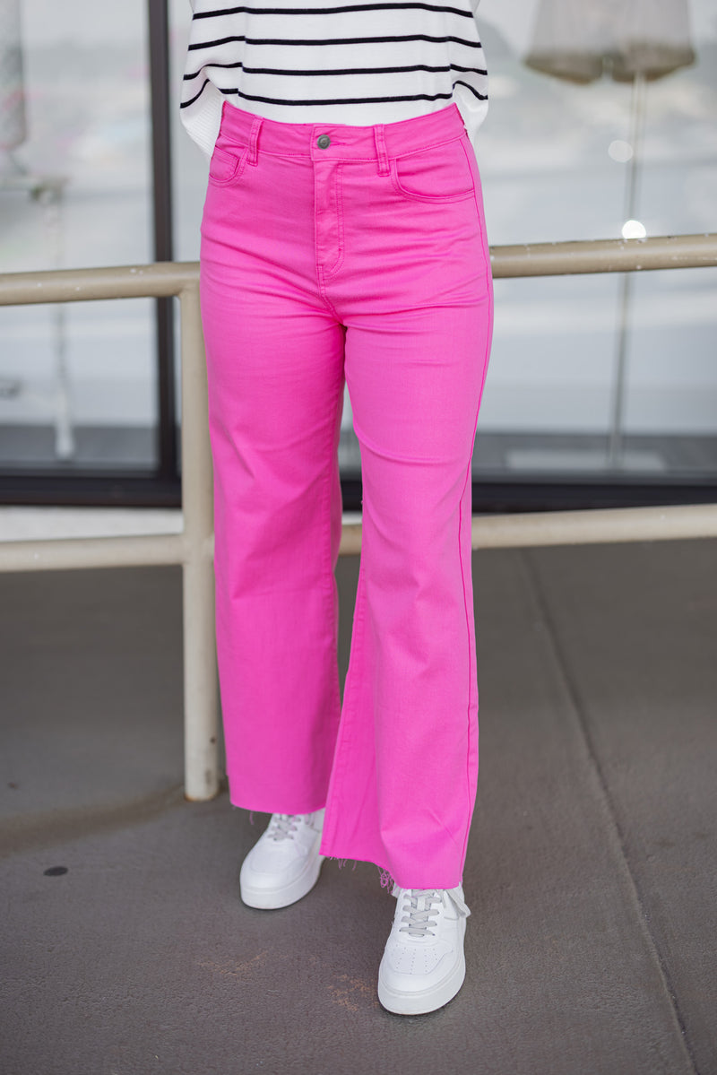 pink denim wide leg jeans