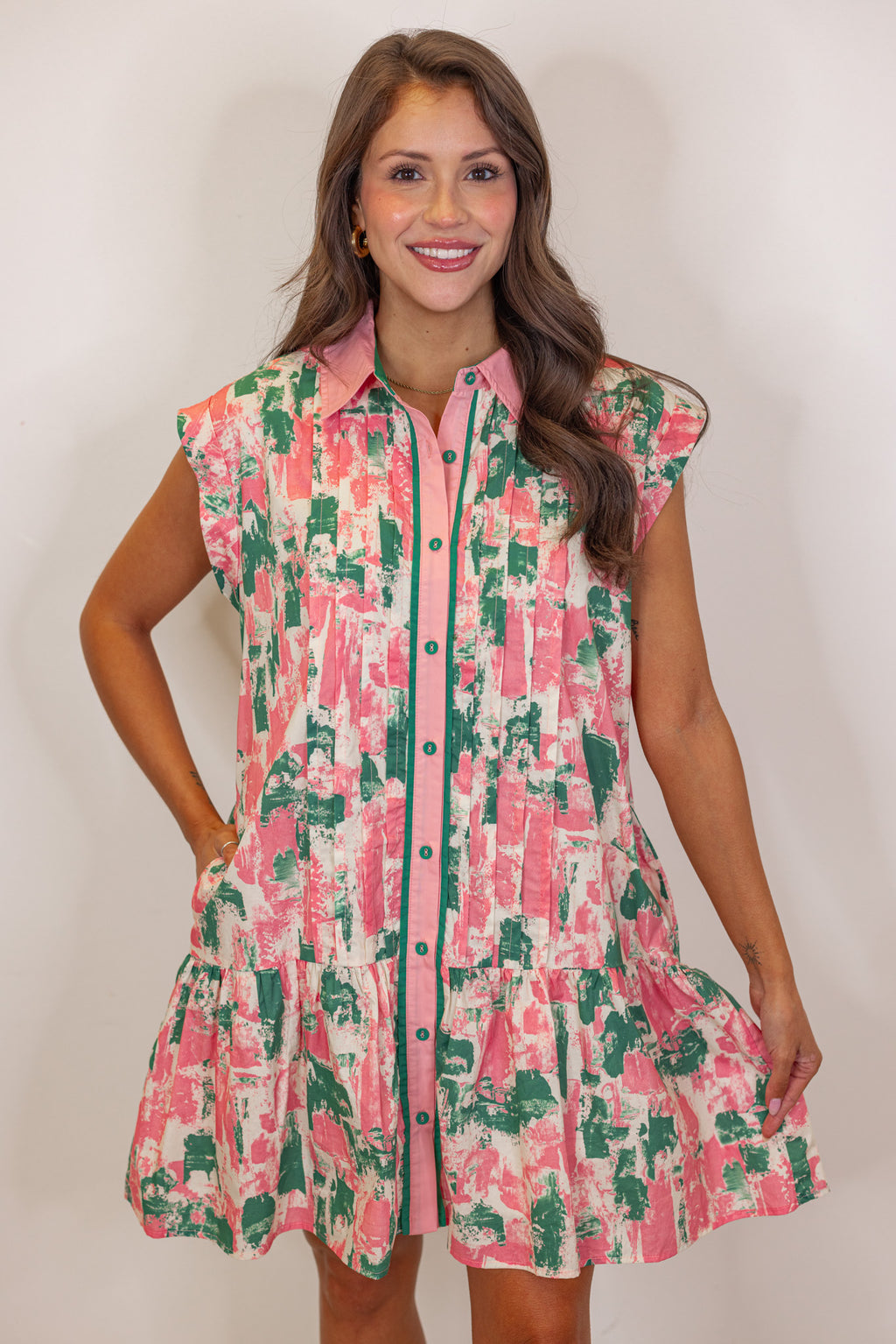 pink green watercolor peplum hem dress