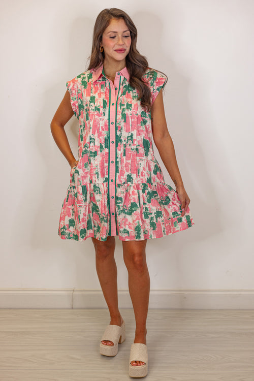 pink green watercolor peplum hem dress