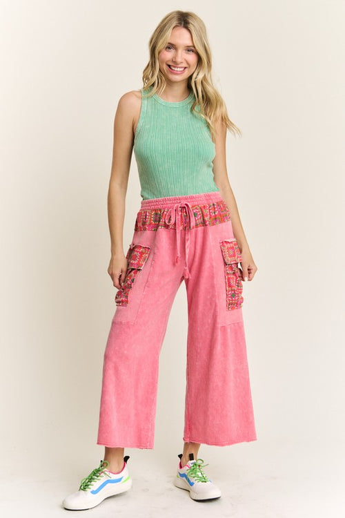 J. Her Mineral washed terry knit cargo pants with floral print details in flamingo pink