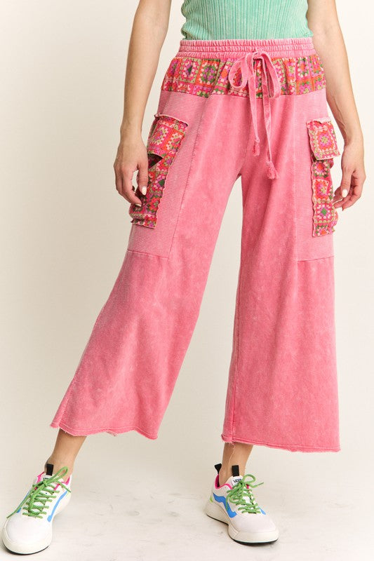 J. Her Mineral washed terry knit cargo pants with floral print details in flamingo pink