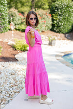 pink linen maxi skirt short sleeve top set