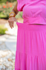 pink linen maxi skirt short sleeve top set