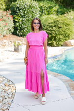 pink linen maxi skirt short sleeve top set