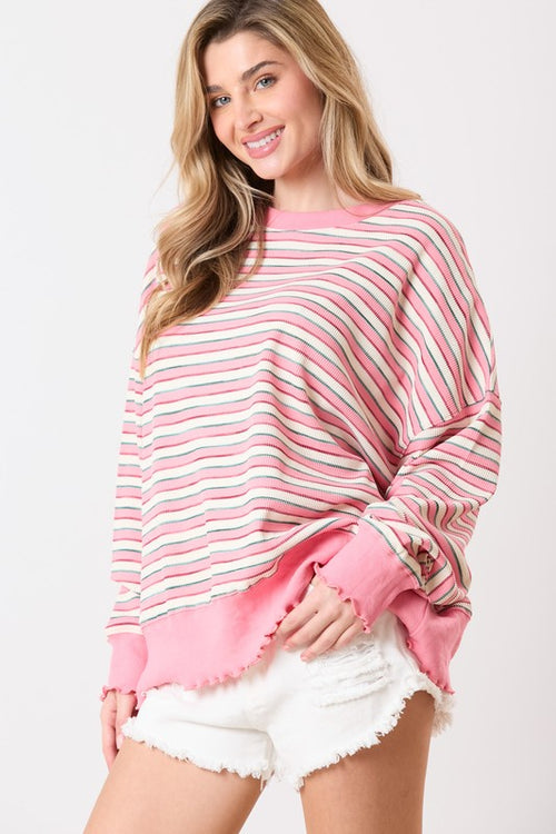 Peach Love California Pink multicolor striped knit textured top with scalloped trim