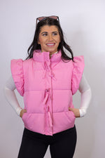 pink puffer bow detail vest