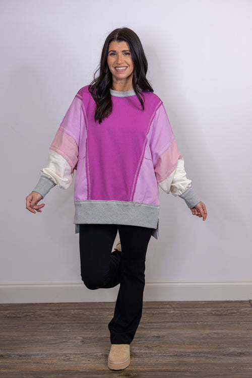 pink purple colorblock crew pullover