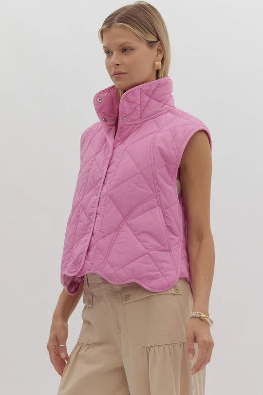 Entro Bubblegum pink snap front quilted puffer vest with scalloped bottom hem