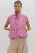 Entro Bubblegum pink snap front quilted puffer vest with scalloped bottom hem