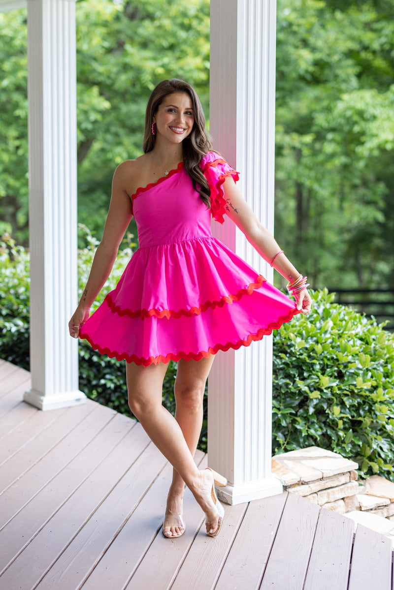 Pink One Shoulder Dress With Piping Trim | Purple Door | Commerce GA –  Purple Door Boutique