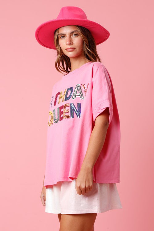 Peach Love California Pink short sleeve top with 'Birthday Queen' in multicolor sequins across front