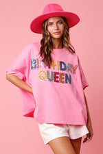 Peach Love California Pink short sleeve top with 'Birthday Queen' in multicolor sequins across front