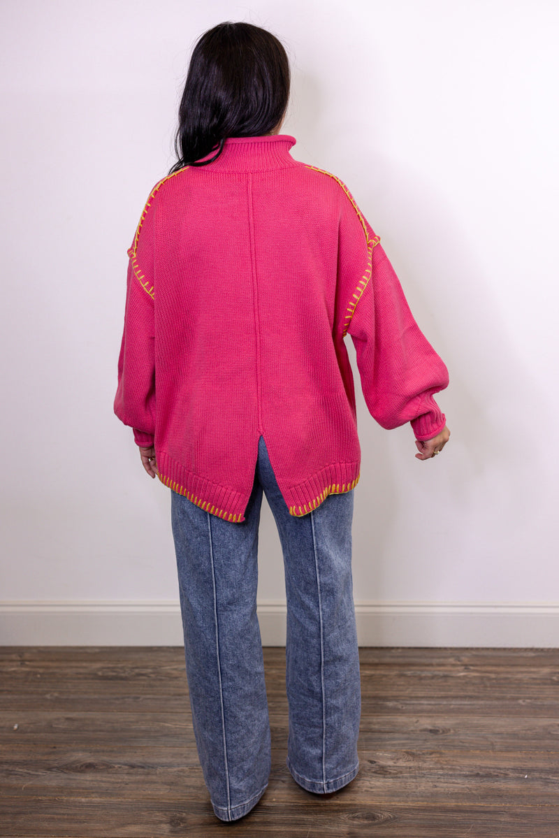 pink turtleneck stitch trim sweater