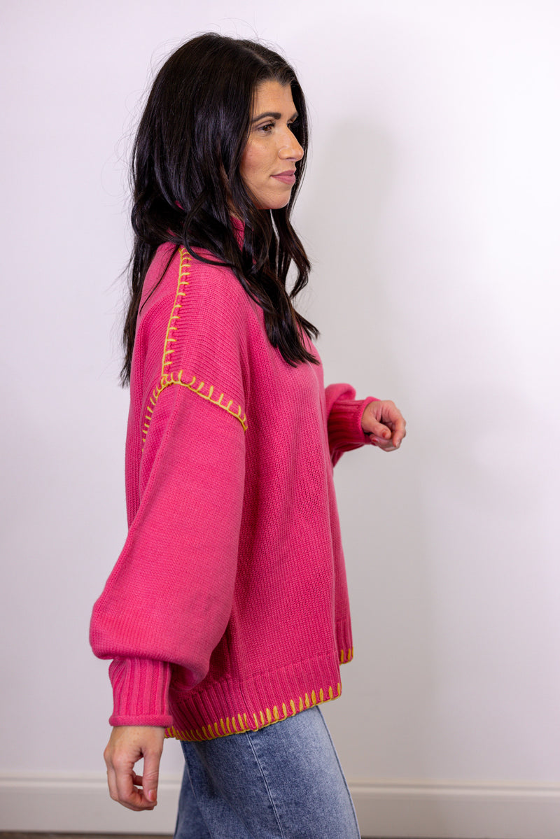 pink turtleneck stitch trim sweater