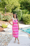 pink striped knit fitted midi dress