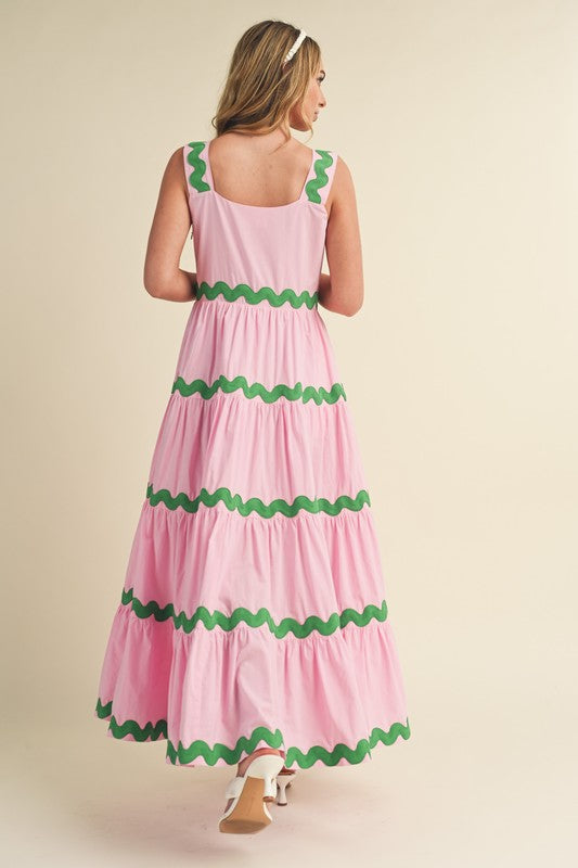 &merci Pink sleeveless tiered midi dress with green piping trim