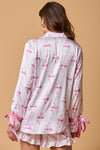 Fantastic Fawn Light pink and white striped satin bow tie pajama top with pink velvet bow cuffs