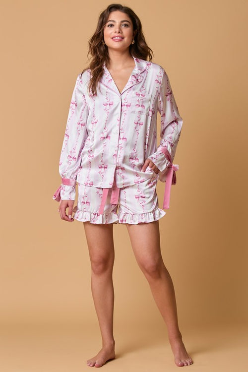 Fantastic Fawn Light pink and white striped satin bow tie pajama top with pink velvet bow cuffs