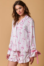 Fantastic Fawn Light pink and white striped satin bow tie pajama top with pink velvet bow cuffs