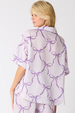 Peach Love California Light purple satin button down pajama top with dark purple bow tie print