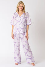 Peach Love California Light purple satin button down pajama top with dark purple bow tie print