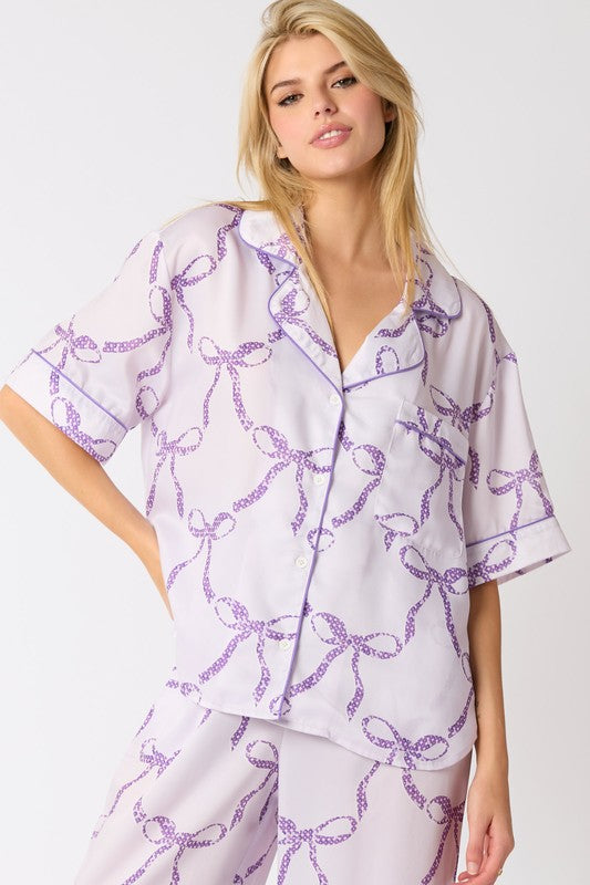 Peach Love California Light purple satin button down pajama top with dark purple bow tie print