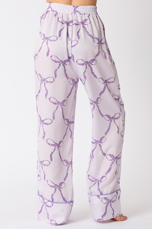 Peach Love California Light purple satin pajama pants with dark purple bow tie print