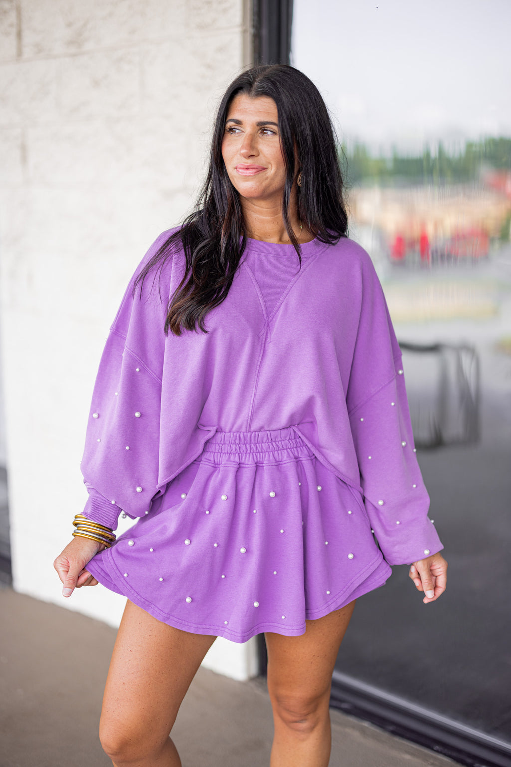 purple pearl embellished cotton skort