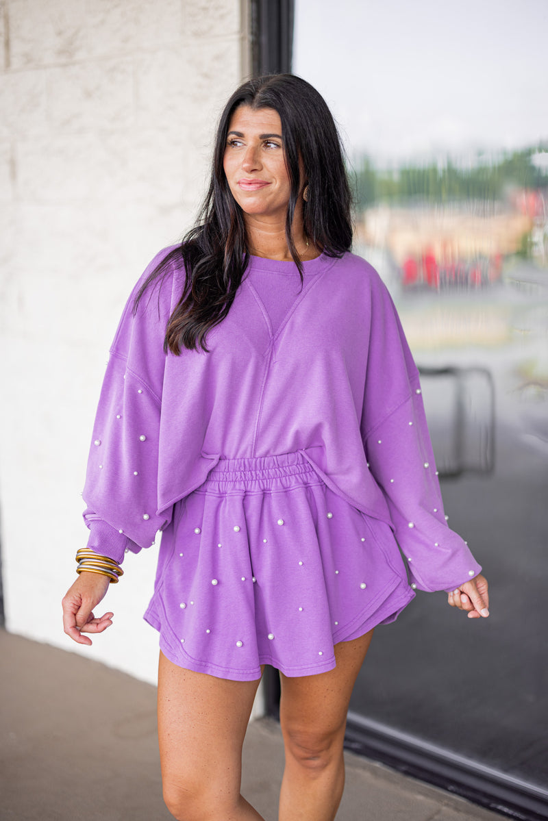 purple pearl embellished cotton skort