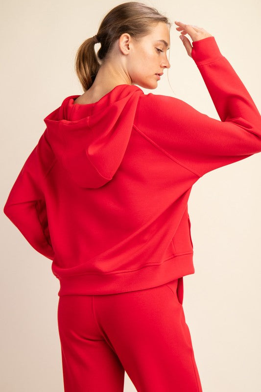 Rae Mode True red scuba knit quarter zip semi-cropped hooded pullover top