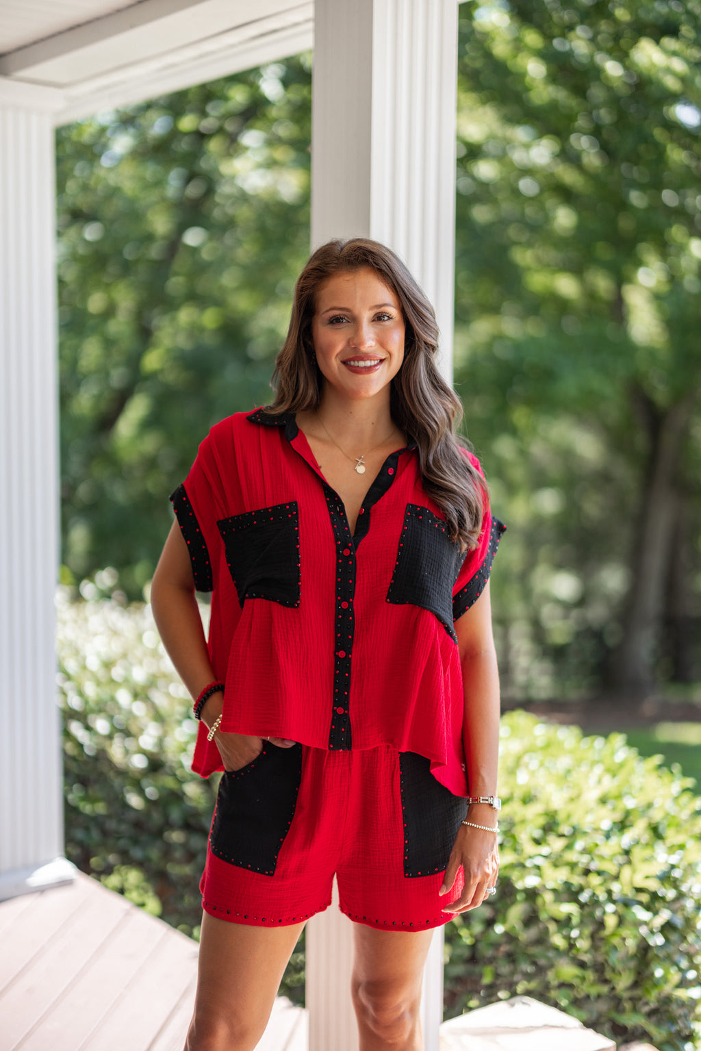 red black gauze rhinestone shorts outfit