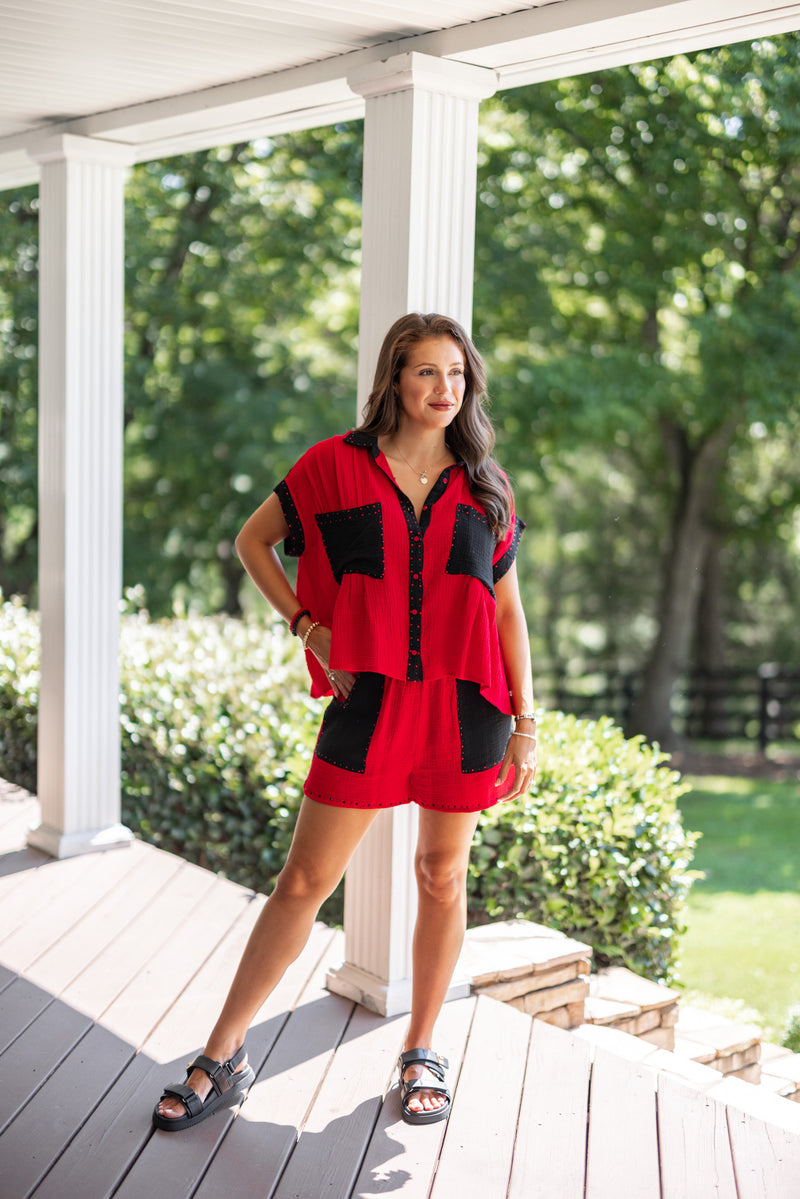 red black gauze rhinestone shorts outfit