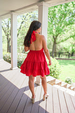 red halter neckline graduation dress