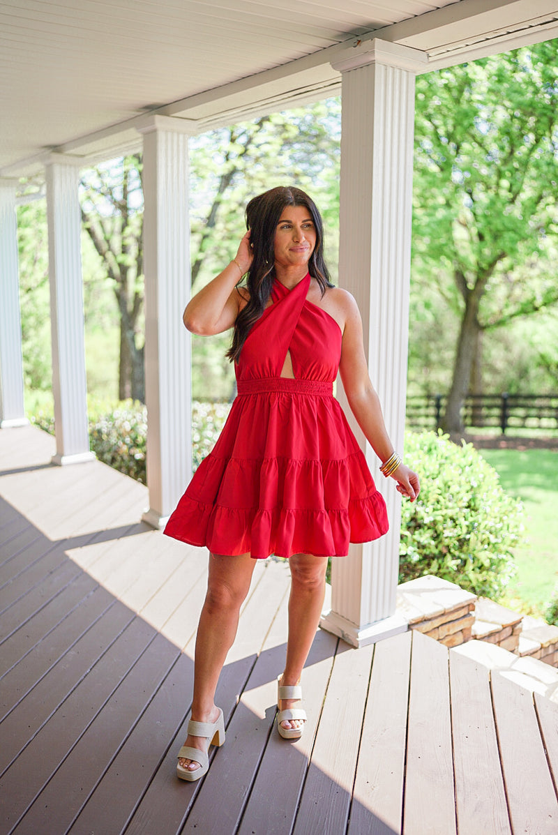 red halter neckline graduation dress