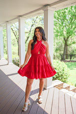 red halter neckline graduation dress