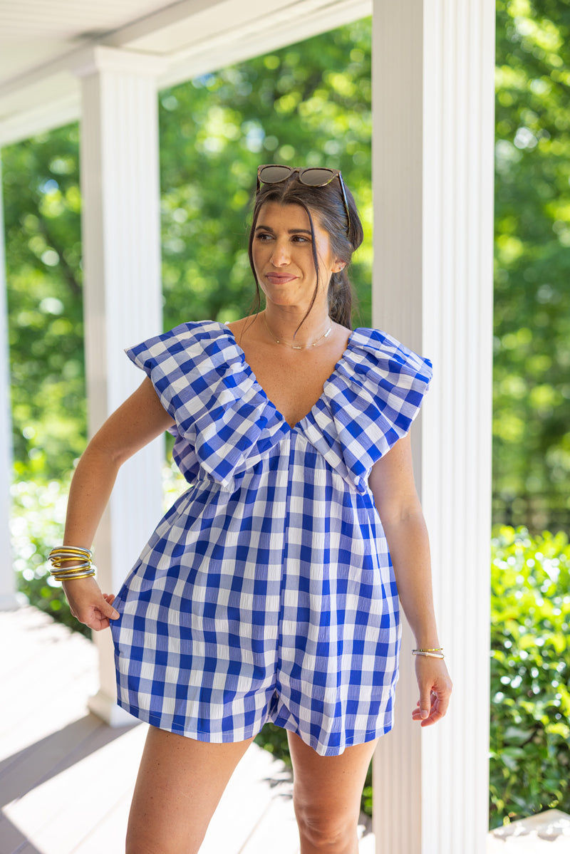 blue white gingham babydoll romper